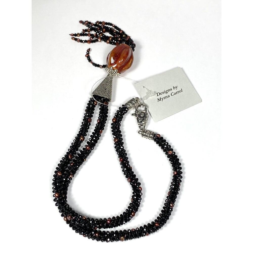 Myrna Carrol Necklace Tassel Seed-beads Black Silver Designer Artisan